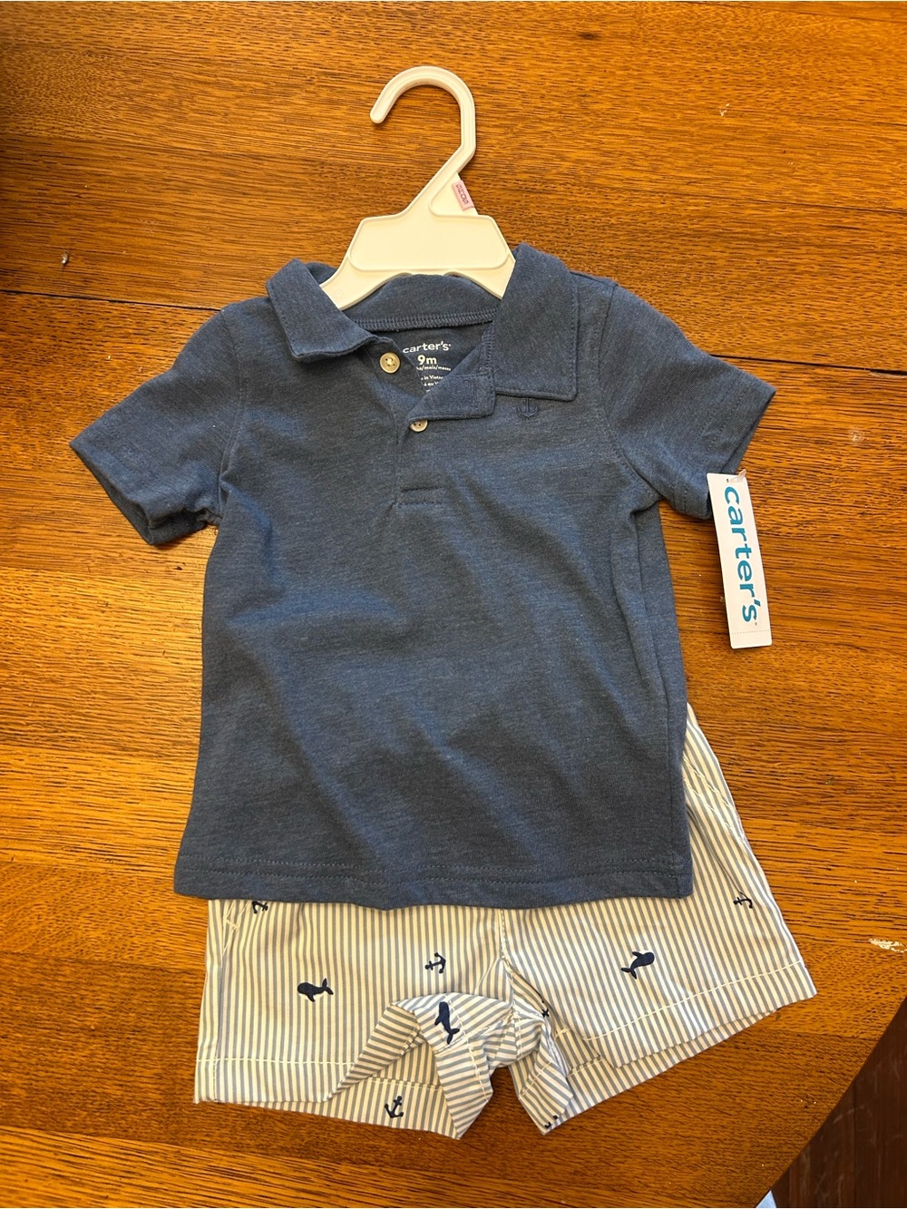 Carter's Navy Blue Polo and Striped Whale Shorts Matching Set